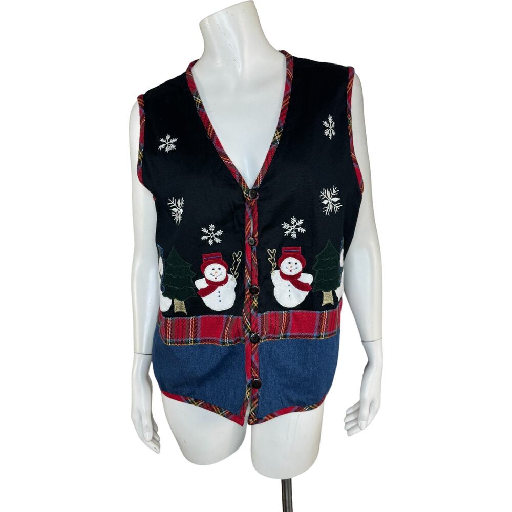 Basic Editions Holiday Vintage Button‎ Front Snowman Vest Large V-Neck  Winter